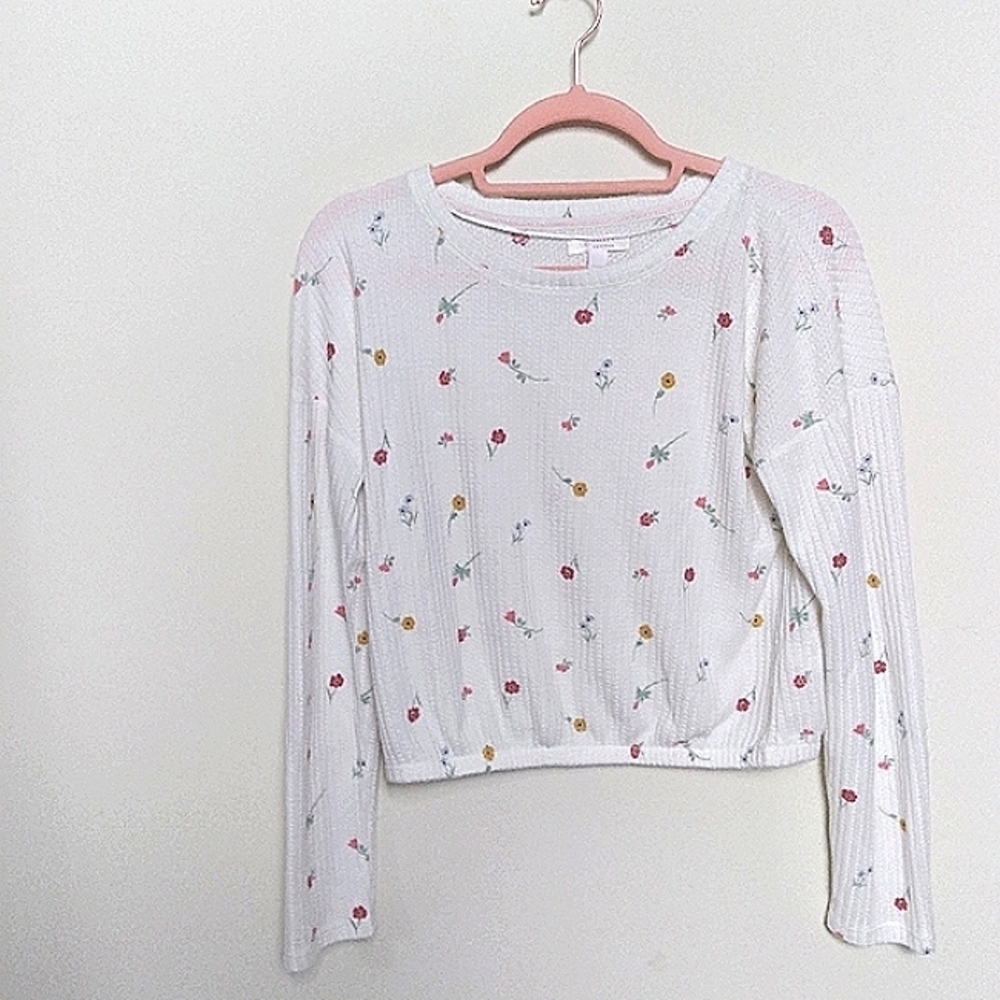 LC Lauren Conrad Cropped Waffle Knit Floral Thermal Pajama Top Size XS